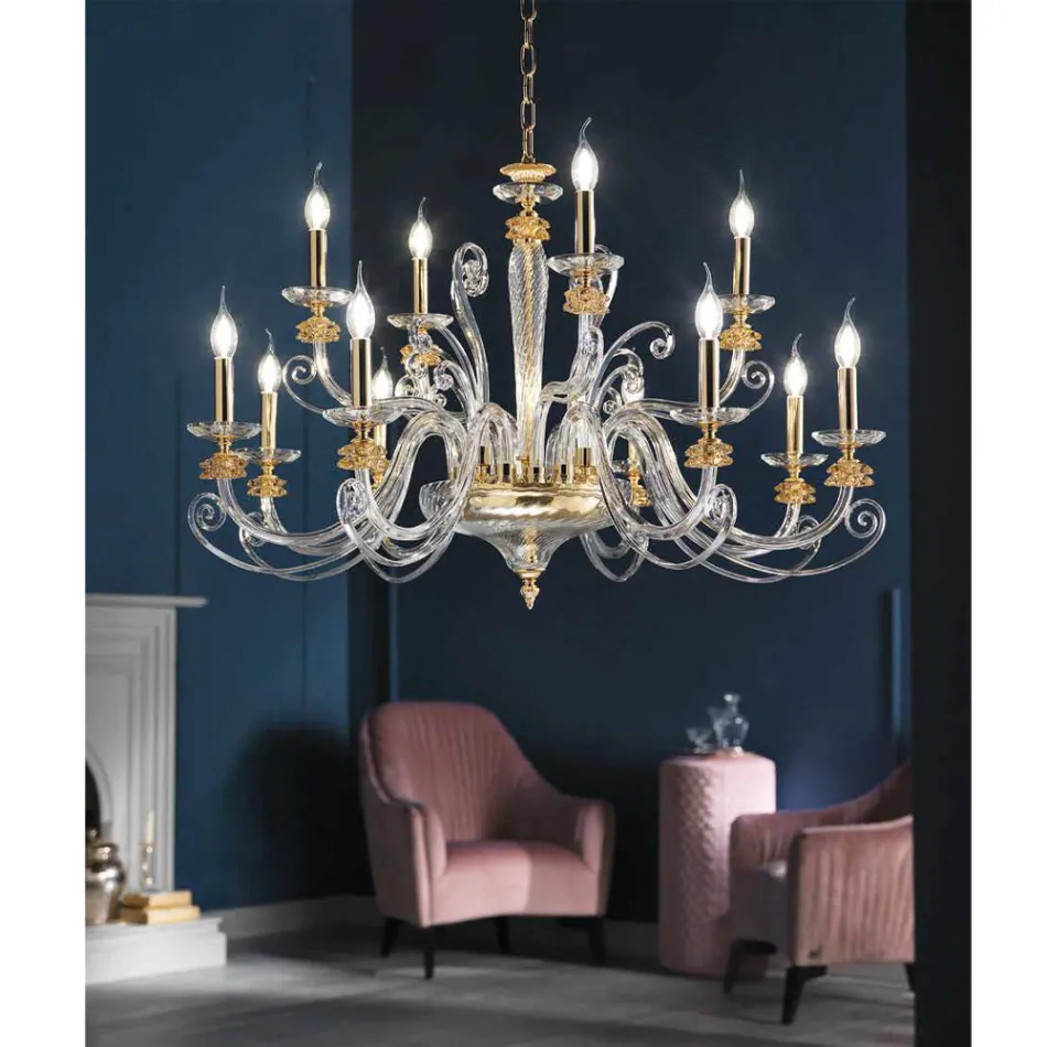 Lampadario 12 Luci in Vetro Soffiato e Cristallo di Lusso Classico - Cassea Viadurini