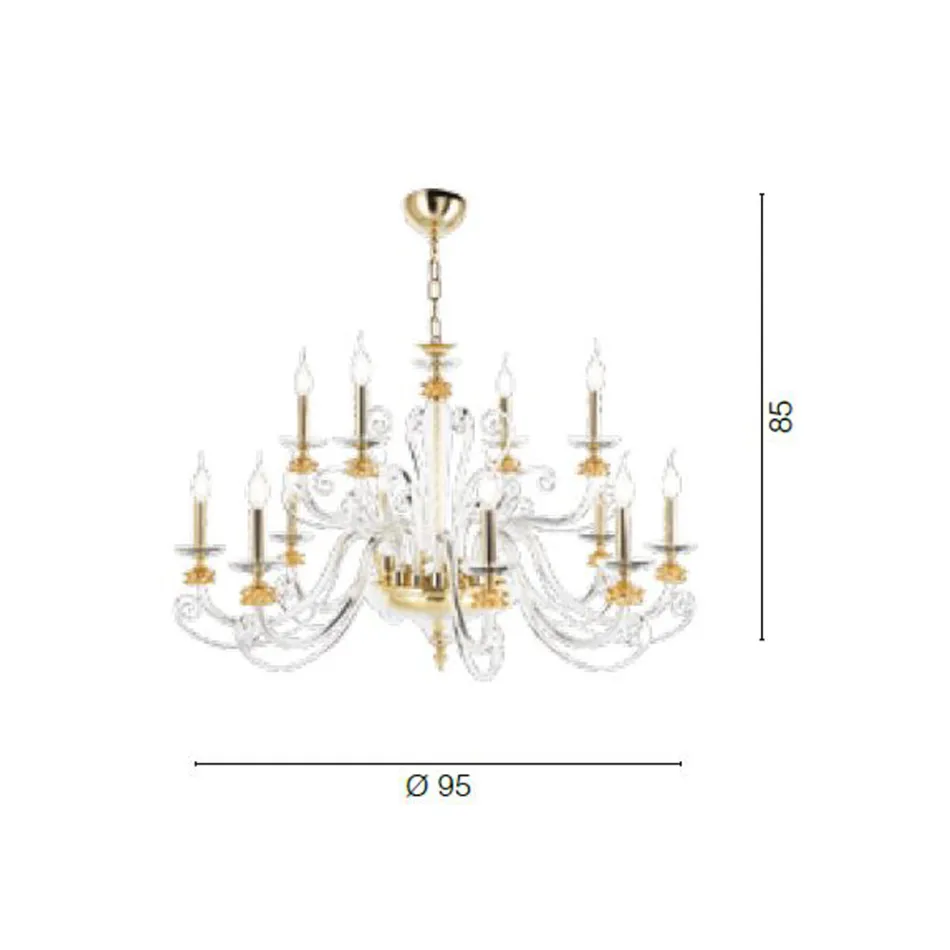 Lampadario 12 Luci in Vetro Soffiato e Cristallo di Lusso Classico - Cassea Viadurini