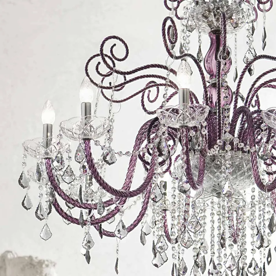 Lampadario 12 Luci in Vetro Veneziano Ametista Made in Italy - Fiorentino Viadurini