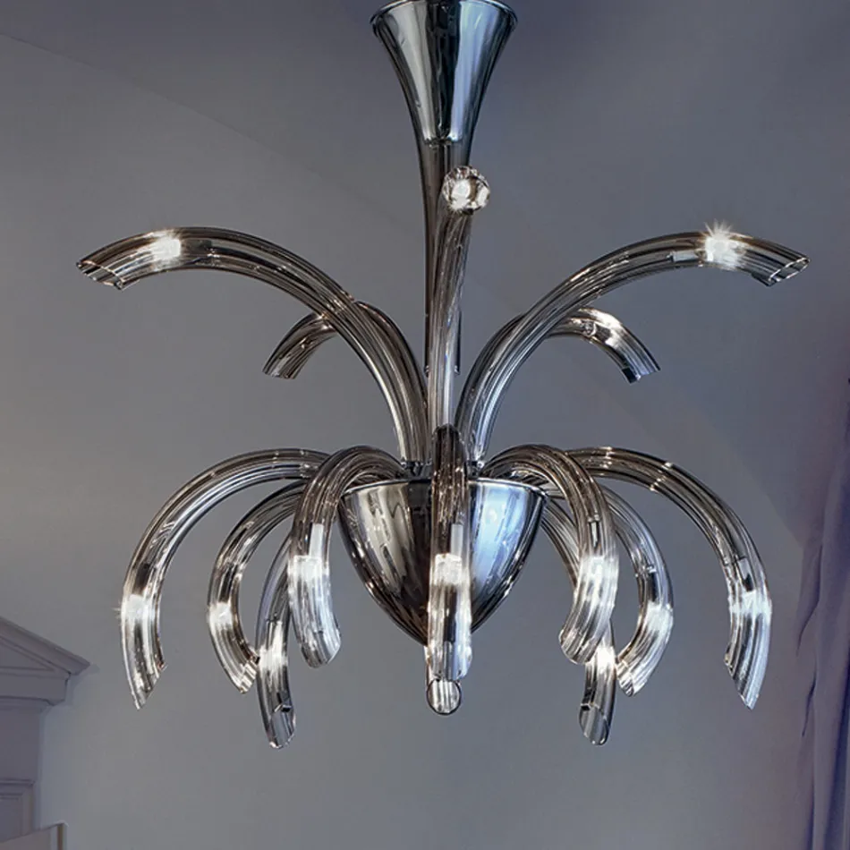 Lampadario 15 Luci in Vetro Veneziano e Metallo Cromo Made in Italy - Jason Viadurini