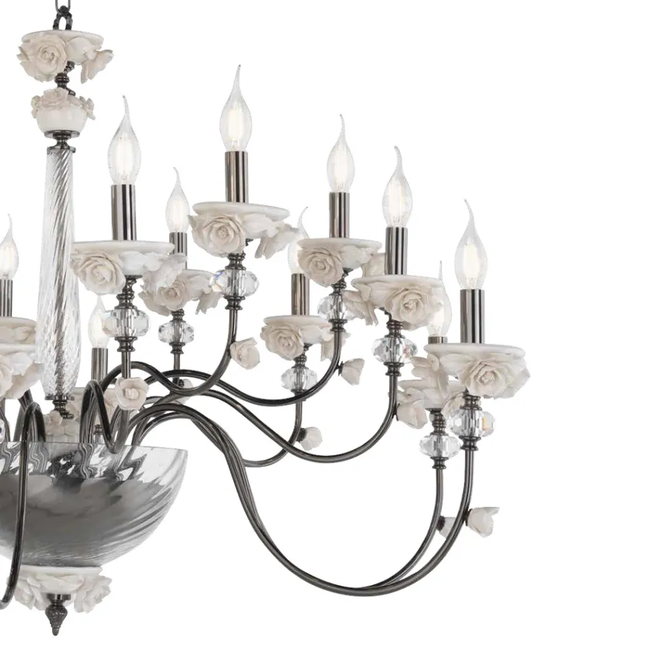 Lampadario 18 Luci Classico in Porcellana e Vetro Soffiato Lusso - Eteria Viadurini