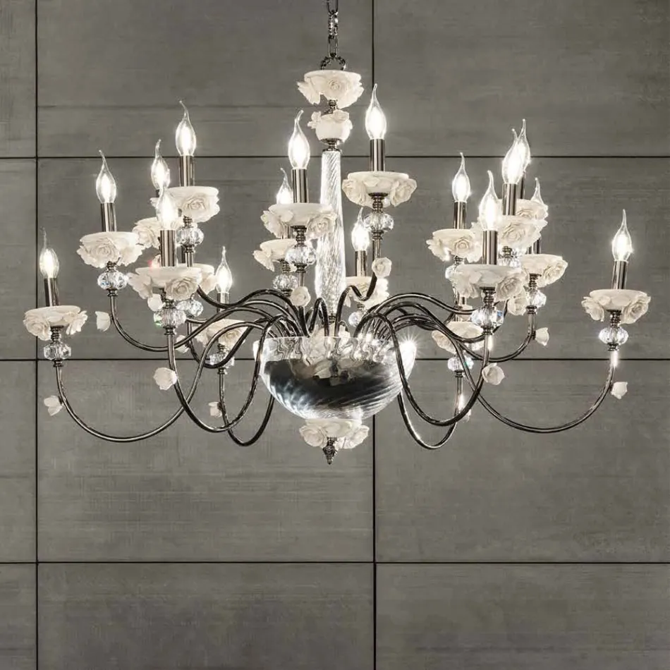 Lampadario 18 Luci Classico in Porcellana e Vetro Soffiato Lusso - Eteria Viadurini