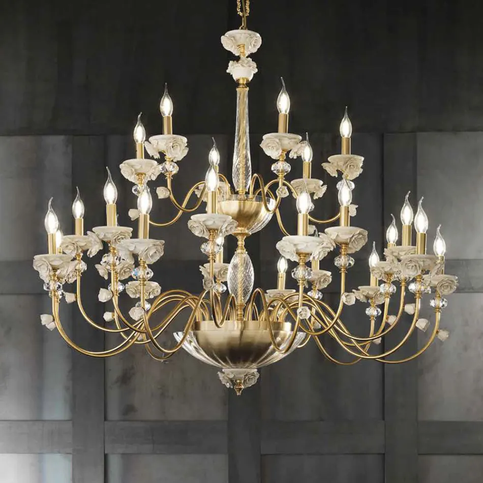 Lampadario 24 Luci Classico in Porcellana e Vetro Soffiato Lusso - Eteria Viadurini