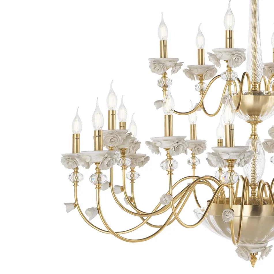 Lampadario 24 Luci Classico in Porcellana e Vetro Soffiato Lusso - Eteria Viadurini