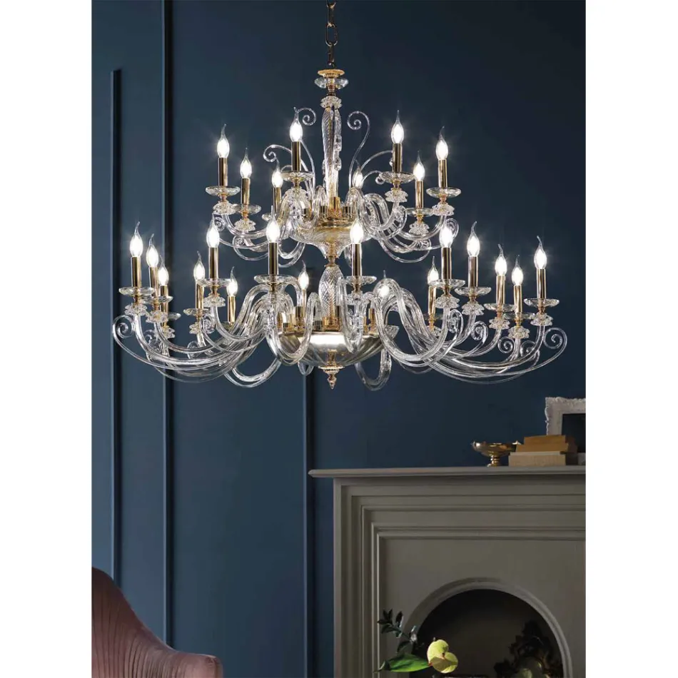Lampadario 24 Luci in Vetro Soffiato e Cristallo di Lusso Classico - Cassea Viadurini