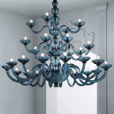 Lampadario 28 Luci Artigianale in Vetro Veneziano Blu e Metallo - Foscarino Viadurini