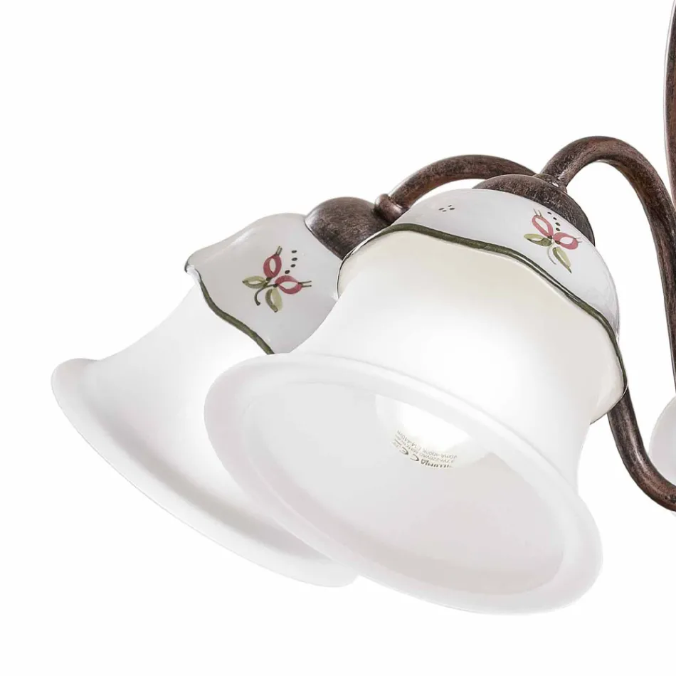 Lampadario 3 o 5 Luci in Ferro, Ceramica Dipinta a Mano e Vetro - Ferrara Viadurini