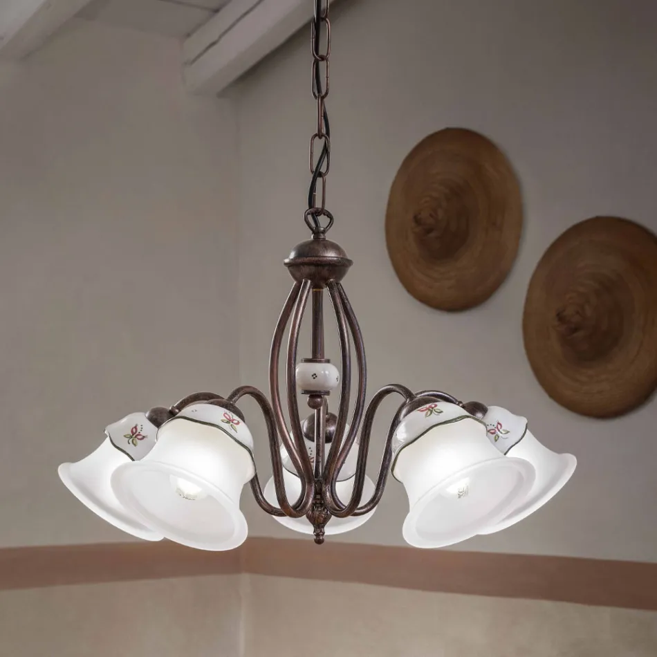 Lampadario 3 o 5 Luci in Ferro, Ceramica Dipinta a Mano e Vetro - Ferrara Viadurini