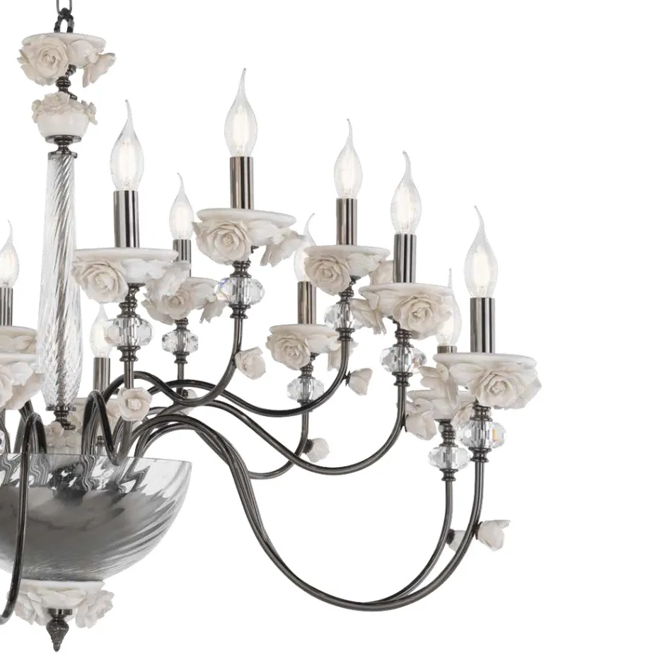 Lampadario 30 Luci Classico in Porcellana e Vetro Soffiato Lusso - Eteria Viadurini