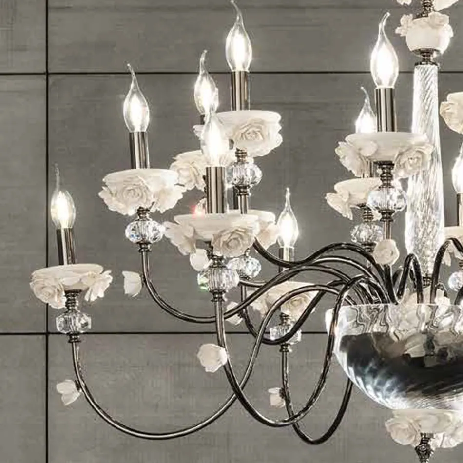 Lampadario 30 Luci Classico in Porcellana e Vetro Soffiato Lusso - Eteria Viadurini