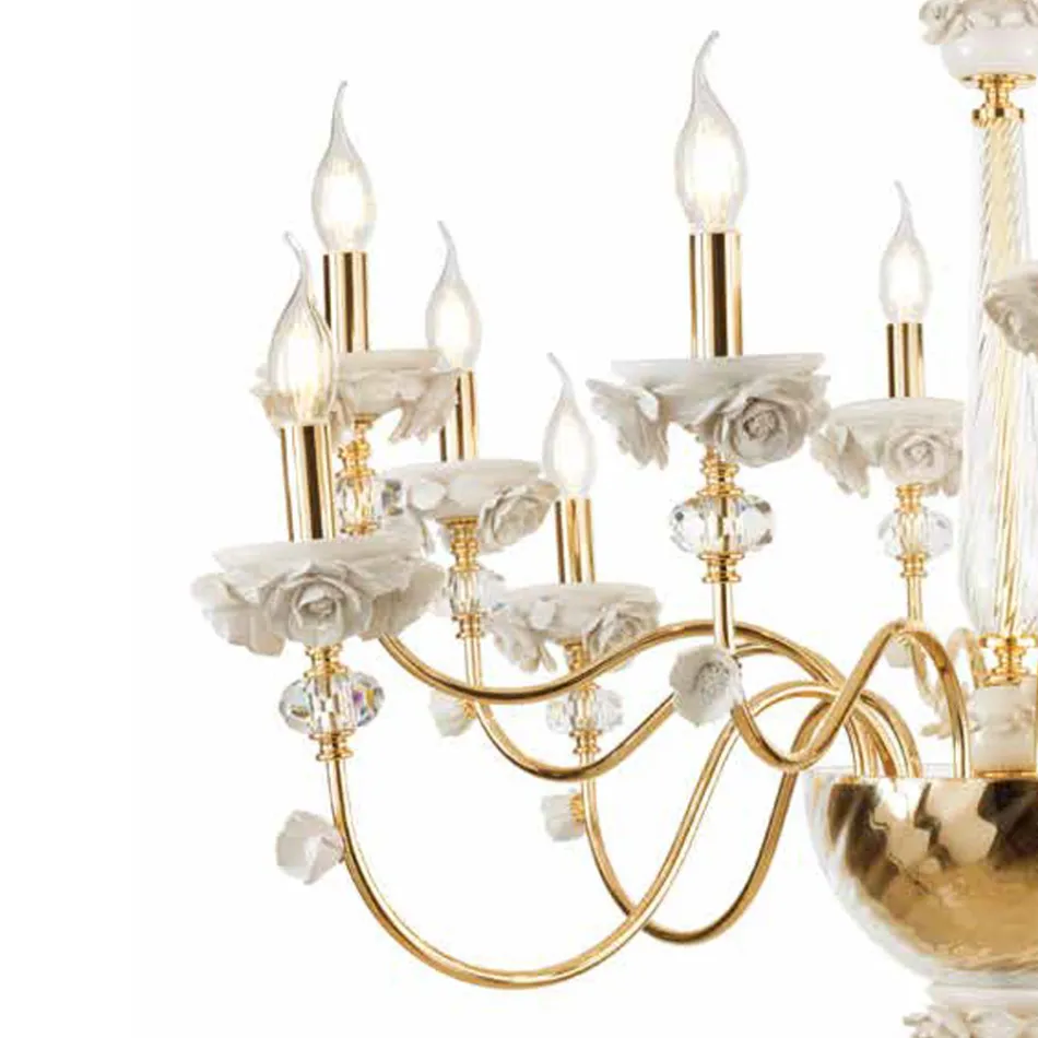 Lampadario 30 Luci Classico in Porcellana e Vetro Soffiato Lusso - Eteria Viadurini