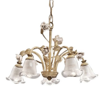 Lampadario 5 Luci in Ferro e Vetro Sabbiato con Rose di Ceramica - Siena Viadurini