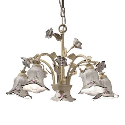 Lampadario 5 Luci in Metallo e Ceramica Decorata a Mano e Rose - Pisa Viadurini