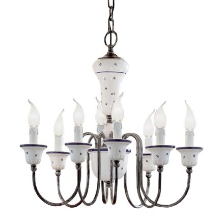 Lampadario 8 Luci Artigianale Ceramica Dipinta a Mano e Ottone - Sanremo Viadurini
