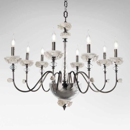 Lampadario 8 Luci Classico in Porcellana e Vetro Soffiato Lusso - Eteria Viadurini