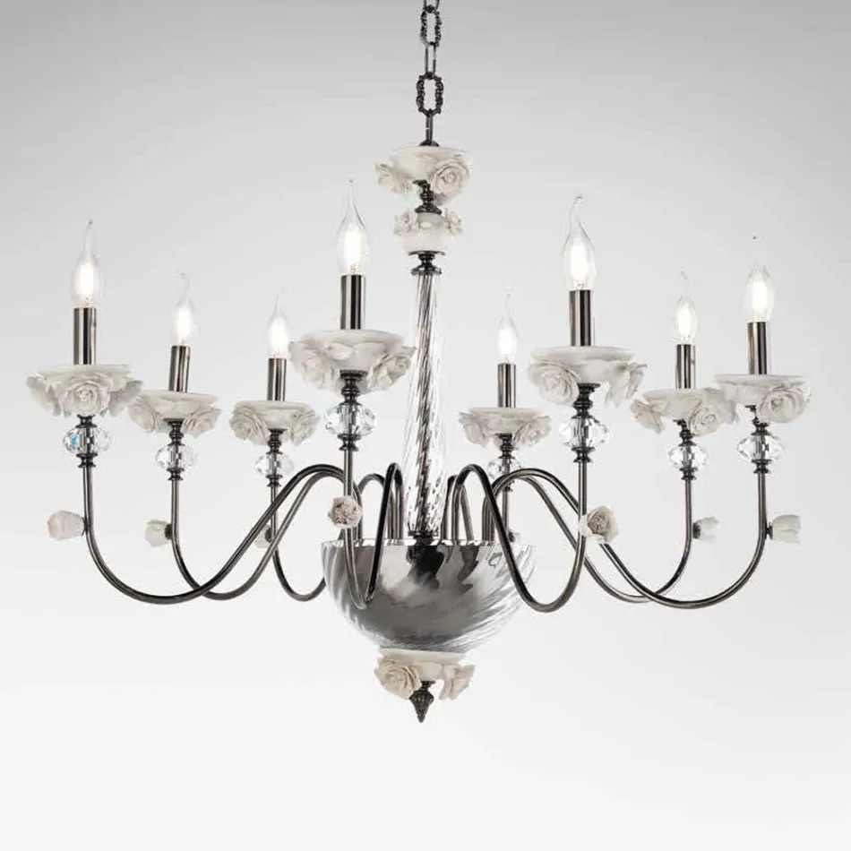 Lampadario 8 Luci Classico in Porcellana e Vetro Soffiato Lusso - Eteria Viadurini