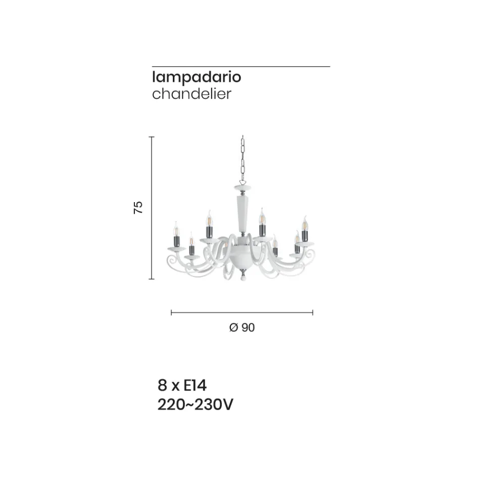 Lampadario 8 Luci Classico Vetro Artigianale Italiano e Cristallo - Malesia Viadurini