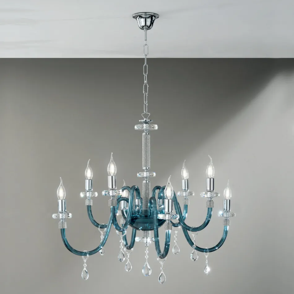 Lampadario 8 Luci Classico Vetro Italiano Lavorato a Mano Ottanio - Similo Viadurini