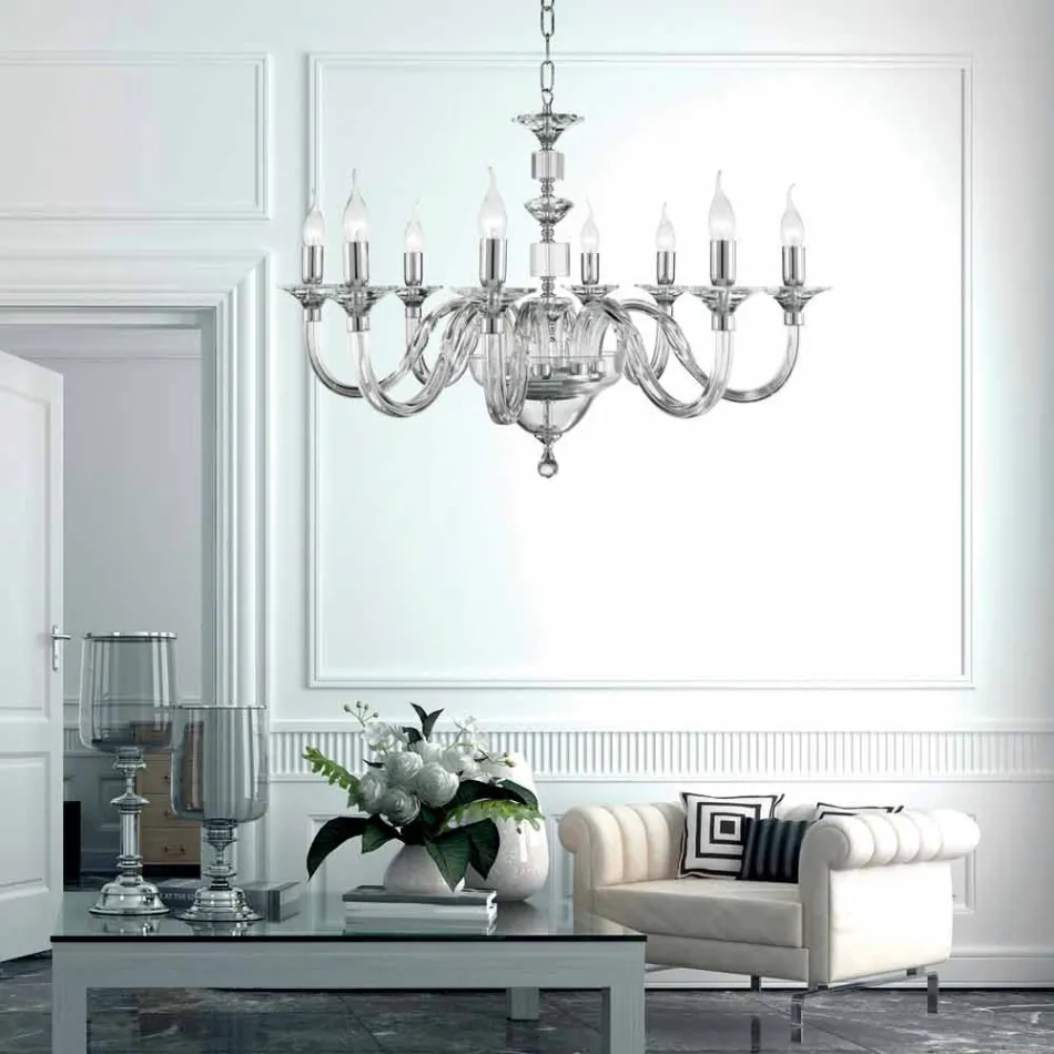 Lampadario 8 luci di desgin in vetro con decorazioni in cristallo Ivy Viadurini