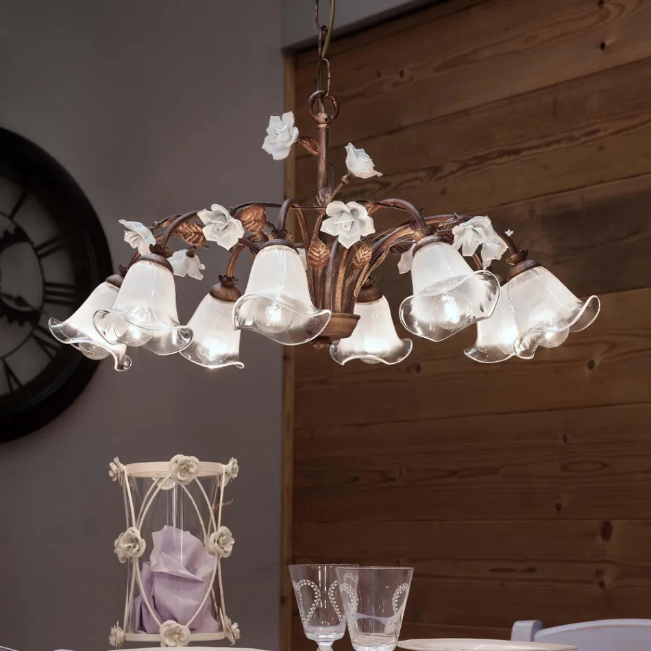 Lampadario 8 Luci in Ferro e Vetro Sabbiato con Rose di Ceramica - Siena Viadurini