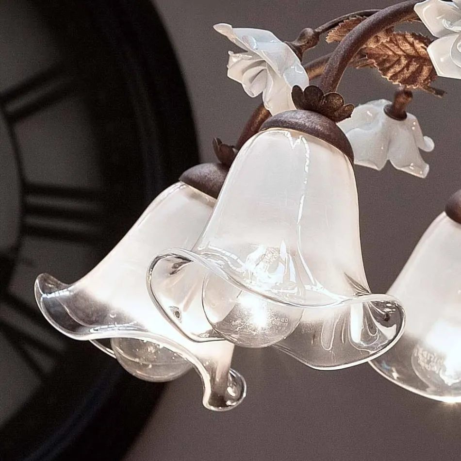 Lampadario 8 Luci in Ferro e Vetro Sabbiato con Rose di Ceramica - Siena Viadurini