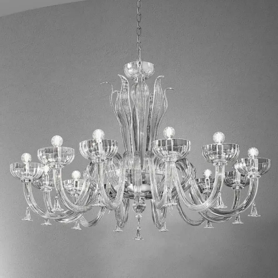 Lampadario a 12 Luci Fatto a Mano in Vetro Veneziano, Made in Italy - Regina Viadurini