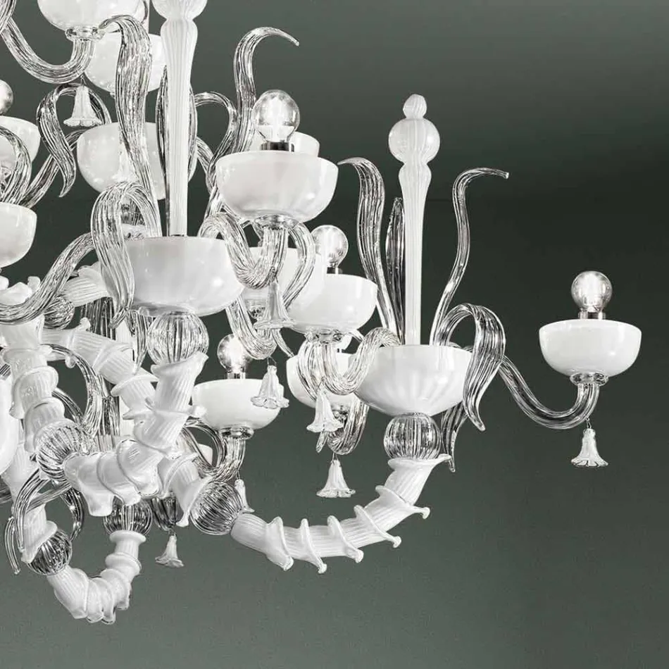 Lampadario a 27 Luci in Vetro di Venezia Bianco, Fatto a Mano in Italia - Regina Viadurini
