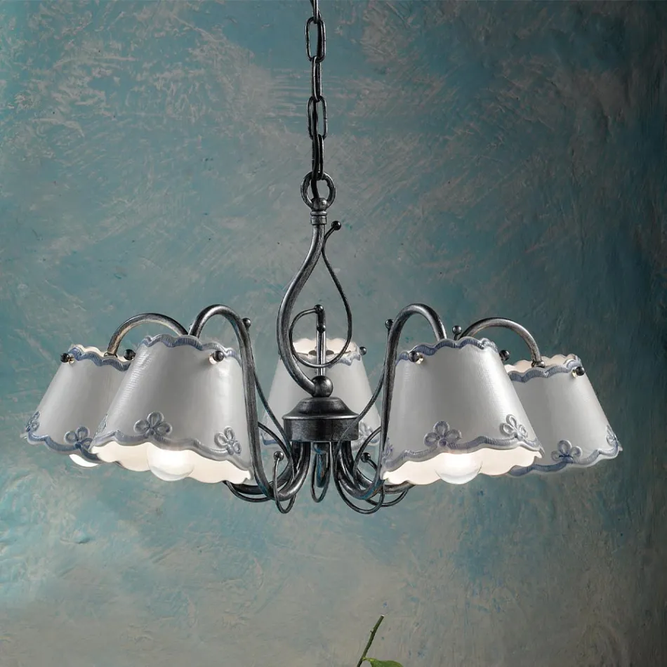 Lampadario a 3 o 5 Luci in Ceramica Effetto Ricamo Dipinta a Mano - Ravenna Viadurini