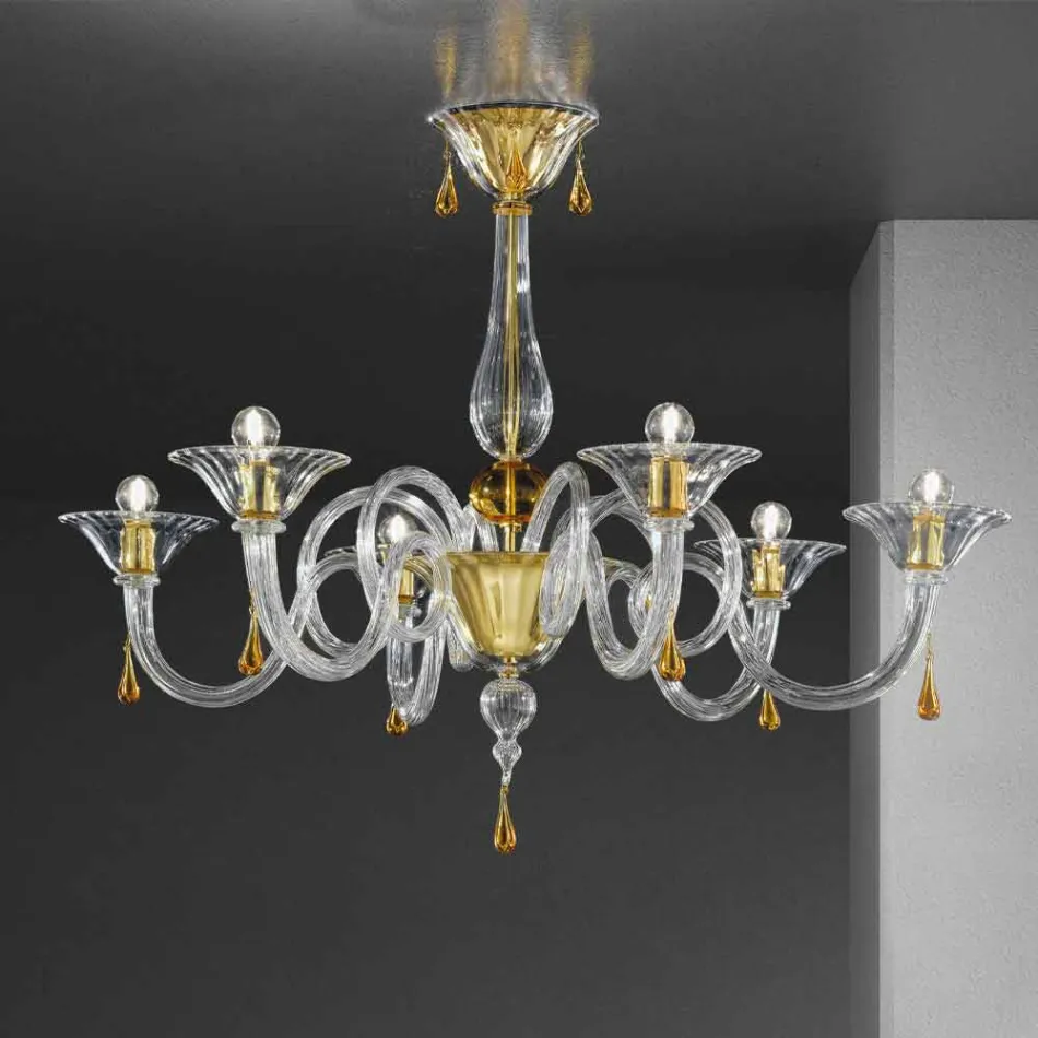 Lampadario a 6 Luci Fatto a Mano in Vetro Veneziano, Made in Italy - Margherita Viadurini