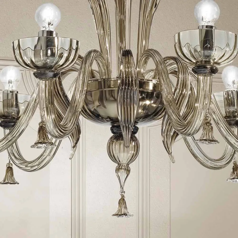 Lampadario a 6 Luci in Vetro Veneziano, Realizzato a Mano in Italia - Regina Viadurini