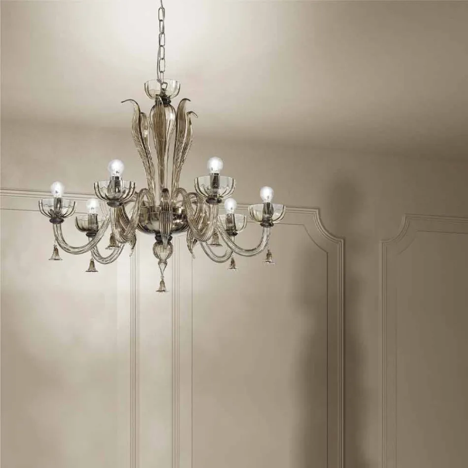 Lampadario a 6 Luci in Vetro Veneziano, Realizzato a Mano in Italia - Regina Viadurini