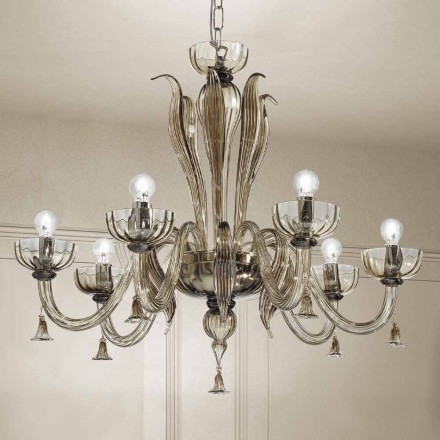 Lampadario a 6 Luci in Vetro Veneziano, Realizzato a Mano in Italia - Regina Viadurini