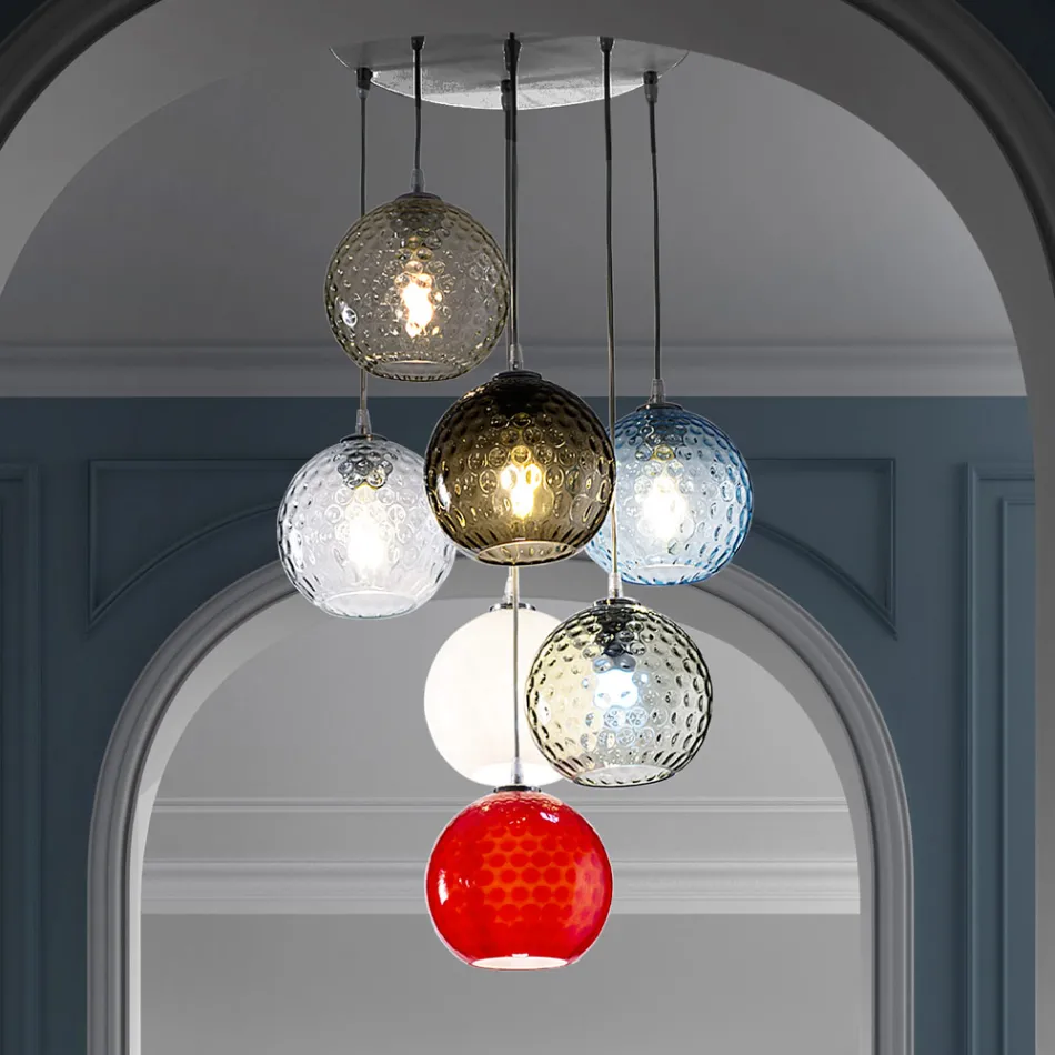 Lampadario a 7 Luci in Vetro di Venezia Soffiato a Mano - Bolle Balloton Viadurini