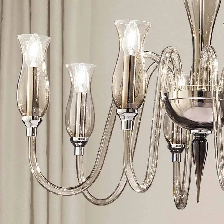 Lampadario a 8 Luci Artigianale in Vetro Veneziano Fumè Made in Italy - Vittoria Viadurini