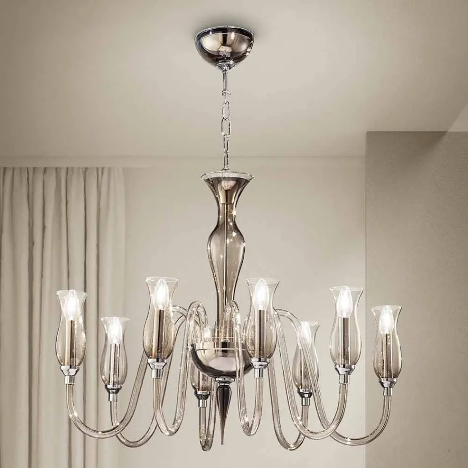 Lampadario a 8 Luci Artigianale in Vetro Veneziano Fumè Made in Italy - Vittoria Viadurini
