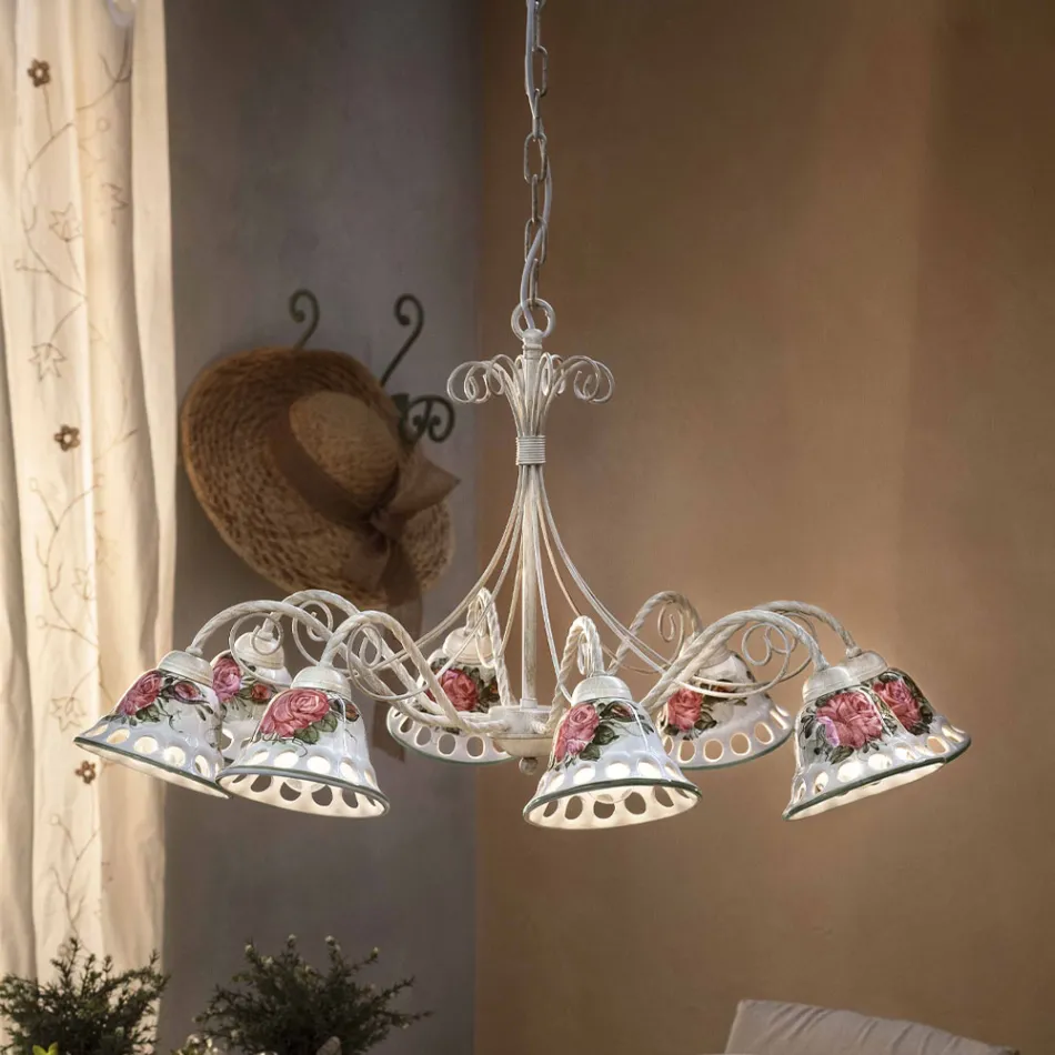 Lampadario a 8 Luci in Ceramica Fatta a Mano con Passanastri - Napoli Viadurini