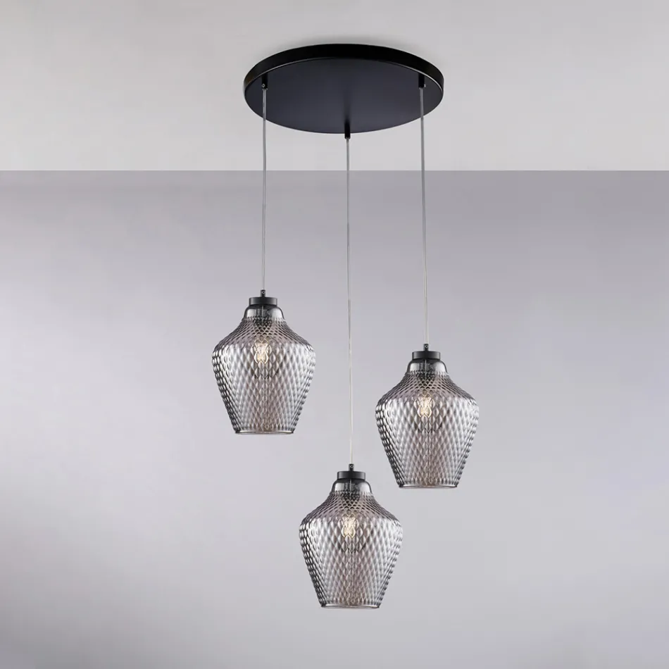 Lampadario a Sospensione in Metallo in Vetro Nero 3 Luci - Alnitak Viadurini