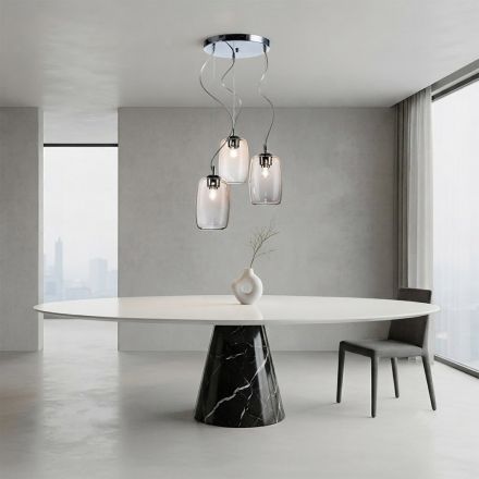 Lampadario a Tre Lumi e Barra Circolare in Vetro Soffiato Made in Italy - Soffio Viadurini
