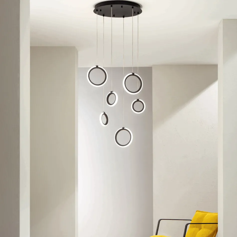 Lampadario Appeso in Metallo Verniciato Nero con 6 Luci LED - Cedro Viadurini
