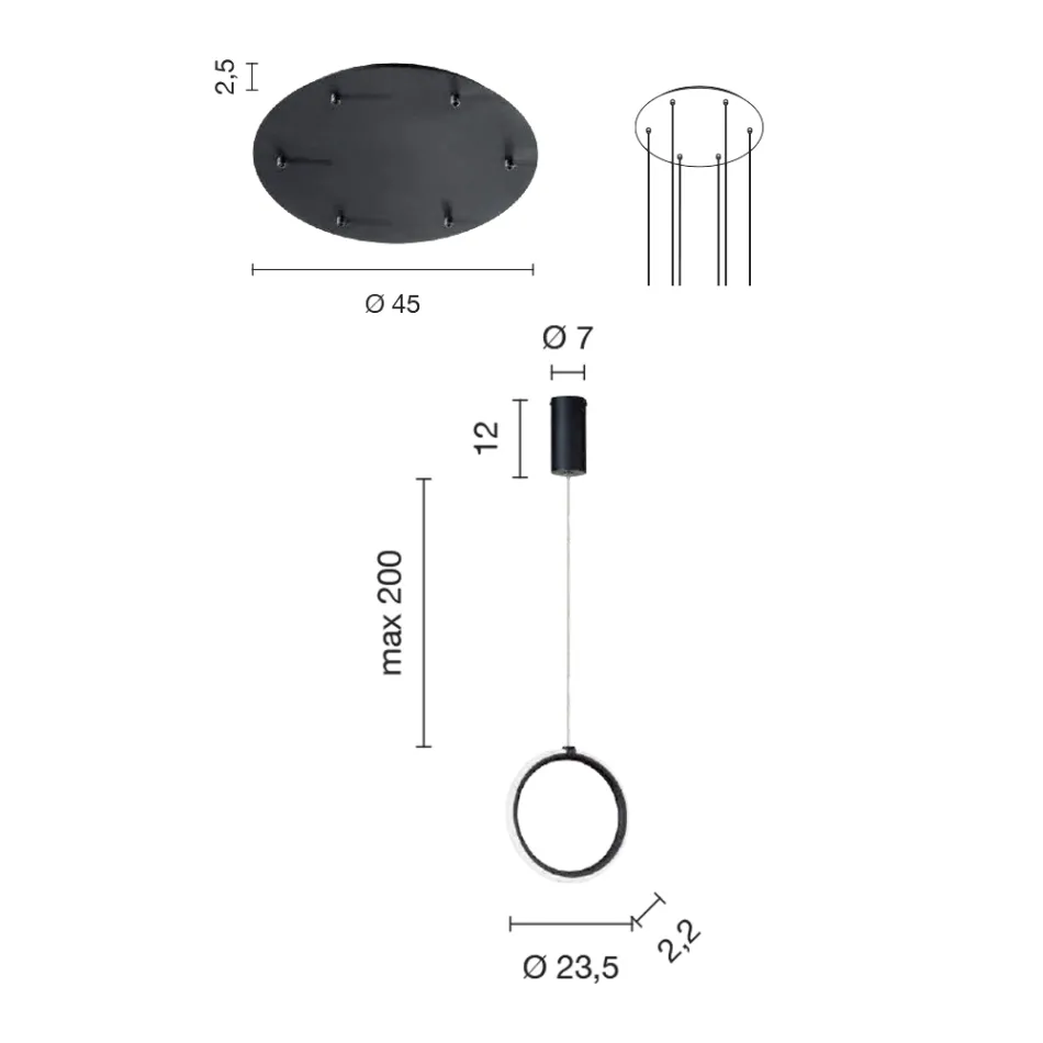 Lampadario Appeso in Metallo Verniciato Nero con 6 Luci LED - Cedro Viadurini