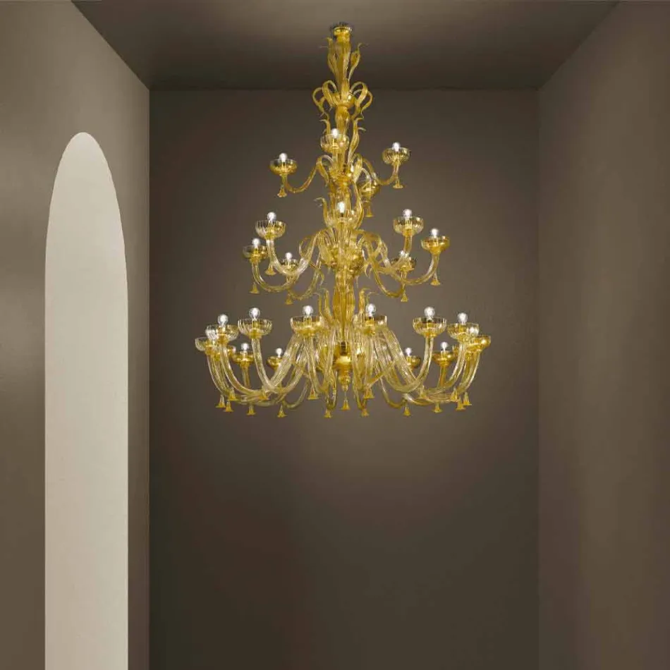 Lampadario Artigianale a 28 Luci in Vetro Veneziano e Oro Made in Italy - Regina Viadurini
