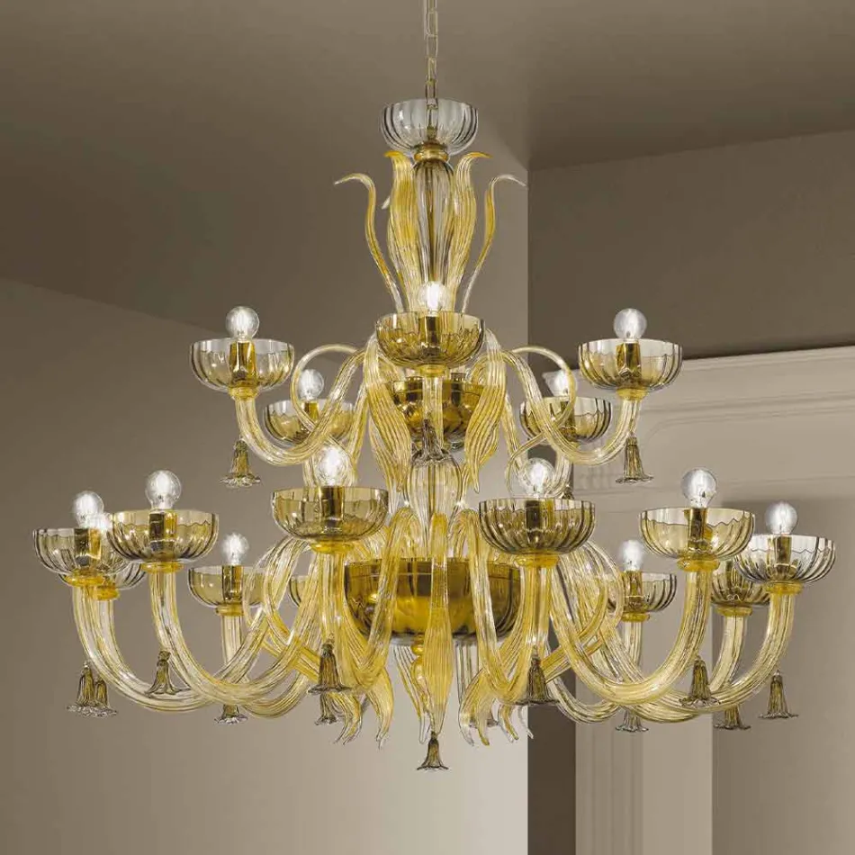 Lampadario Artigianale da 18 Luci in Vetro di Venezia, Made in Italy - Regina Viadurini