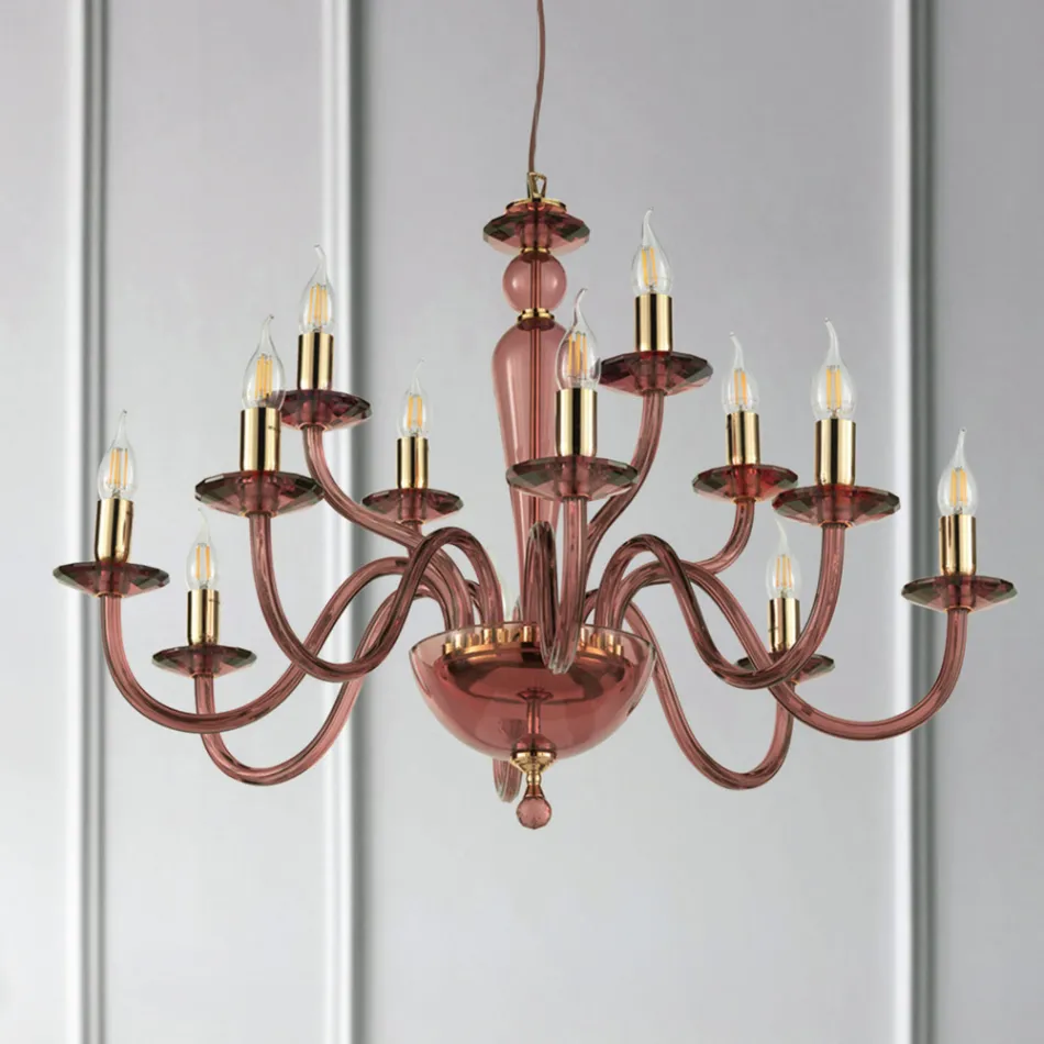 Lampadario Classico 12 Luci in Vetro Italiano a Mano e Metallo - Oliver Viadurini