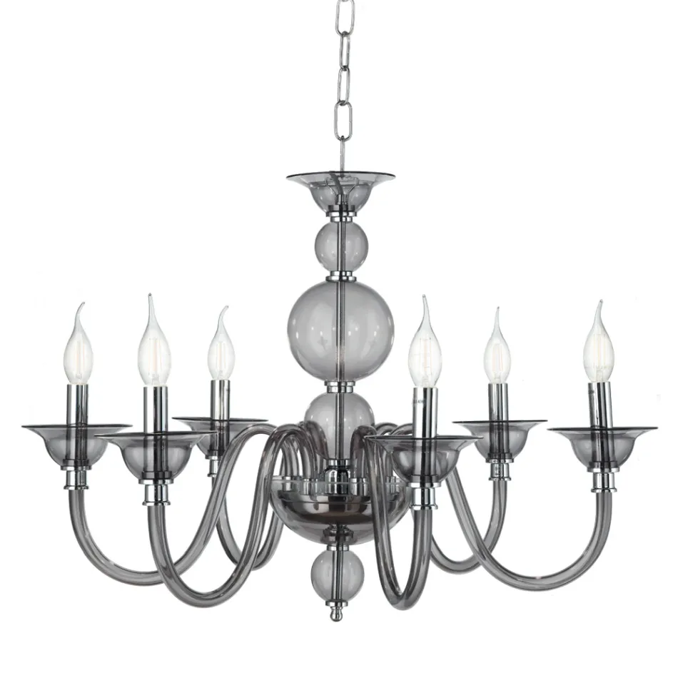 Lampadario Classico 6 Luci Vetro Fumè a Mano Italiano e Metallo - Memore Viadurini