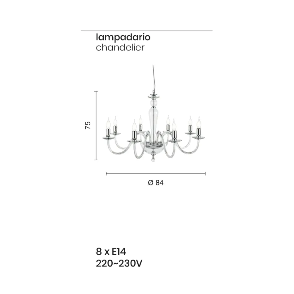 Lampadario Classico 8 Luci in Vetro Italiano a Mano e Metallo - Oliver Viadurini