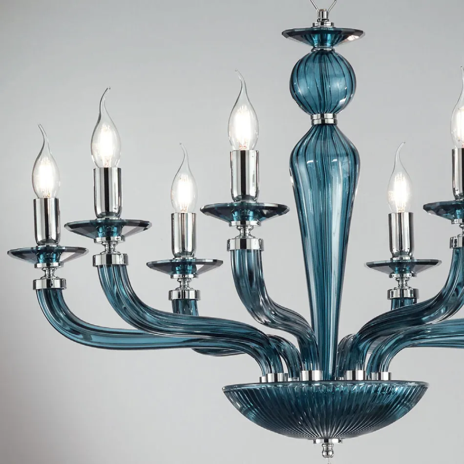 Lampadario Classico 8 Luci Vetro Fatto a Mano Rigaton e Metallo - Fievole Viadurini