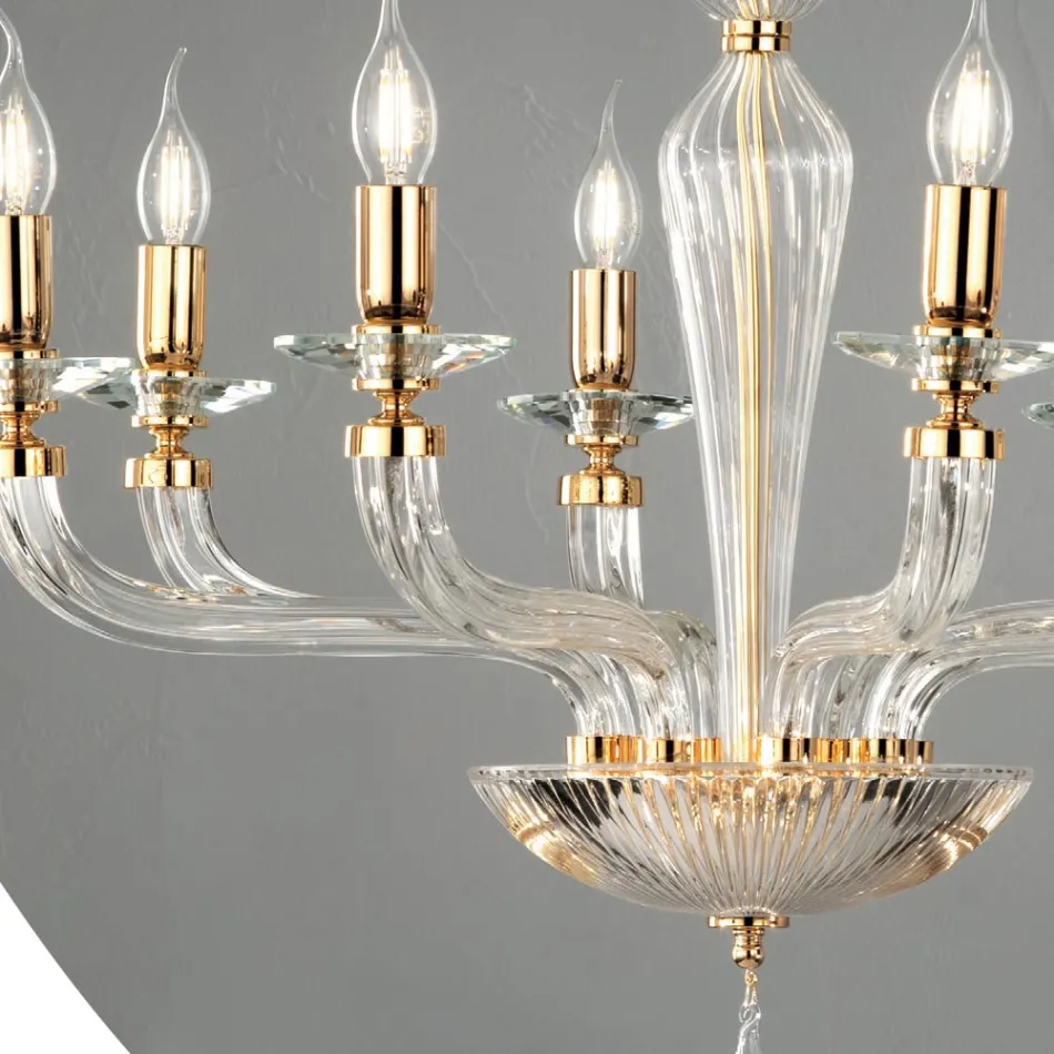 Lampadario Classico 8 Luci Vetro Fatto a Mano Rigaton e Metallo - Fievole Viadurini