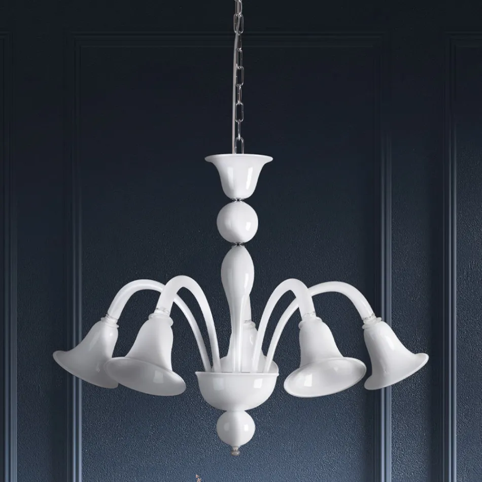 Lampadario Classico Artigianale in Vetro Veneziano Bianco Soffiato - Elsa Viadurini