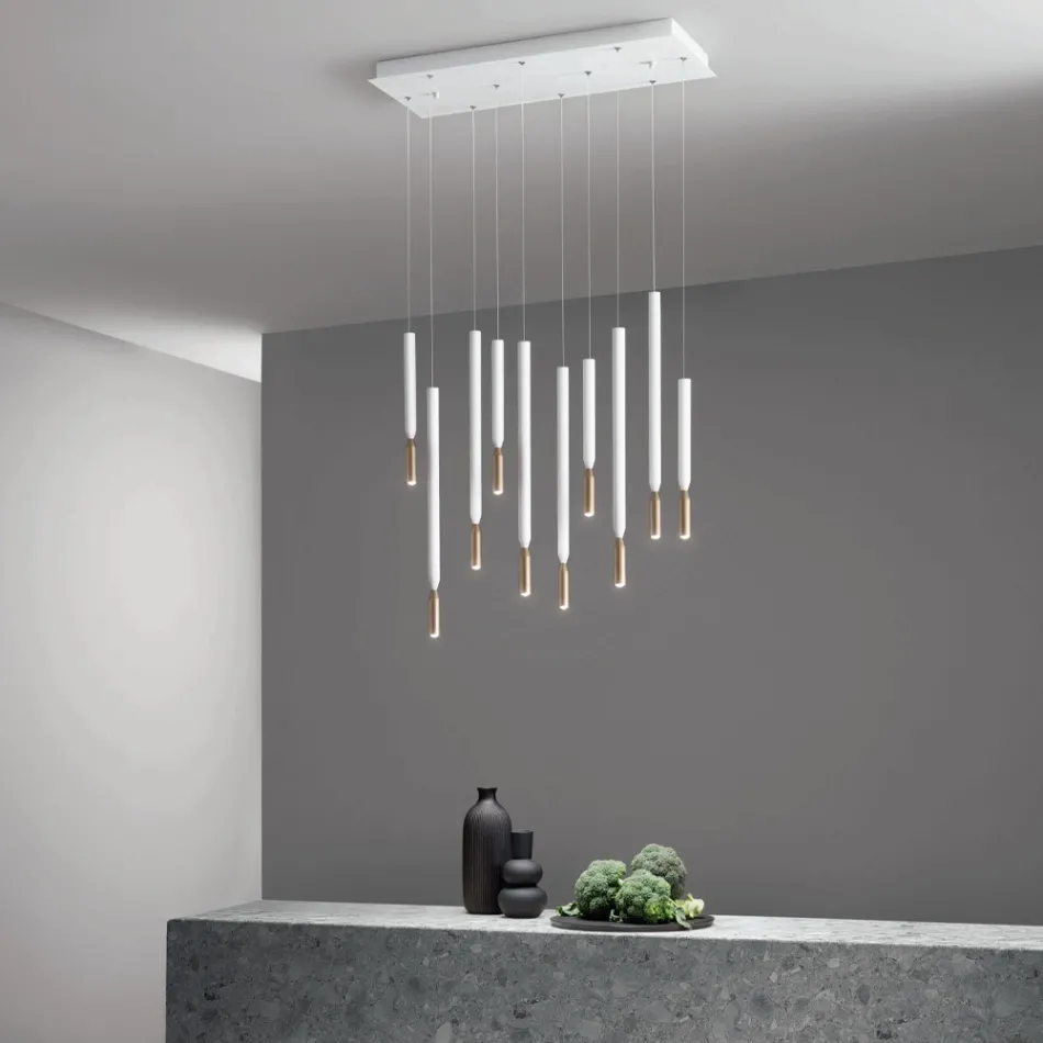 Lampadario con 10 Luci LED in Metallo Verniciato e Cavi Regolabili - Larice Viadurini