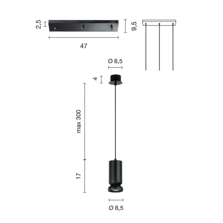 Lampadario con 3 LED in Alluminio Verniciato a Polvere e Cavo Regolabile - Buxus Viadurini